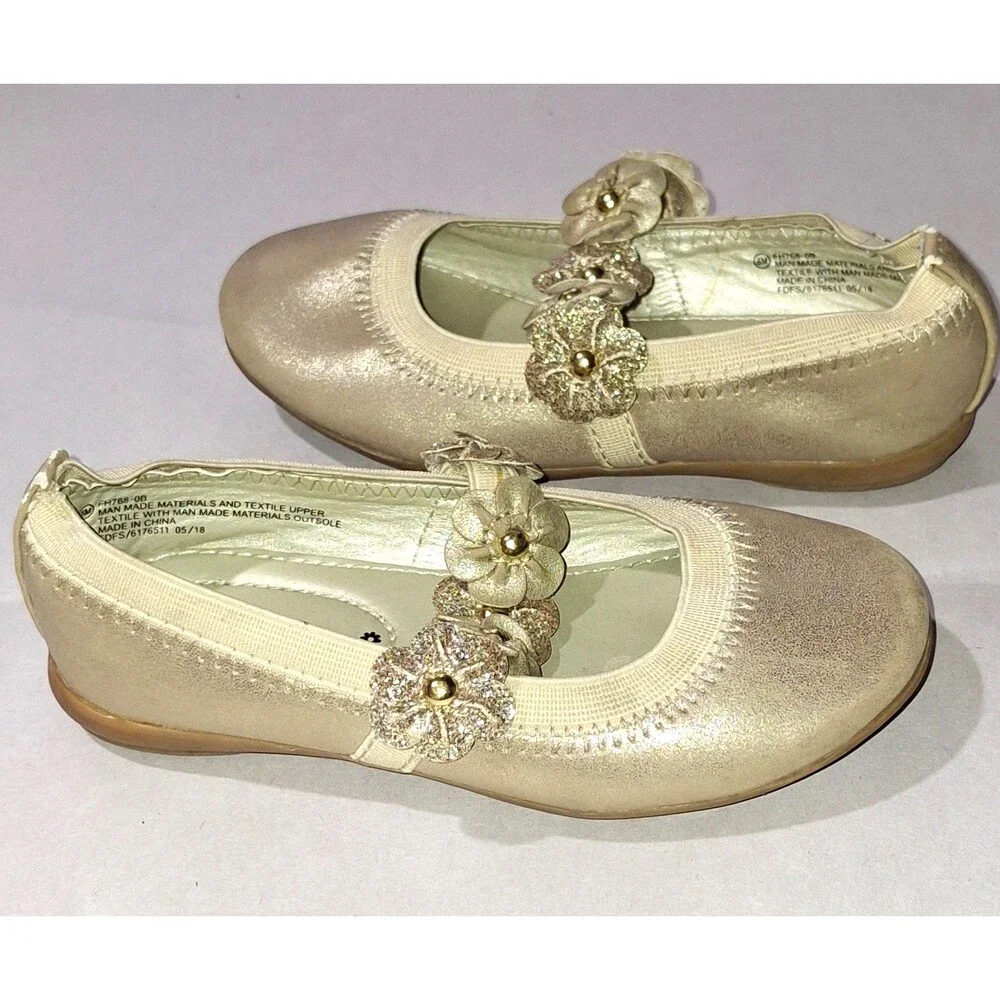 Rampage Girls Gold Ballet Flats Sparkly Glitter Dress Shoes Flower Strap Size 8M
